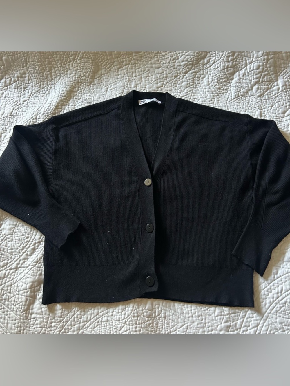 Zara Black Cropped Button V-Neck Cardigan